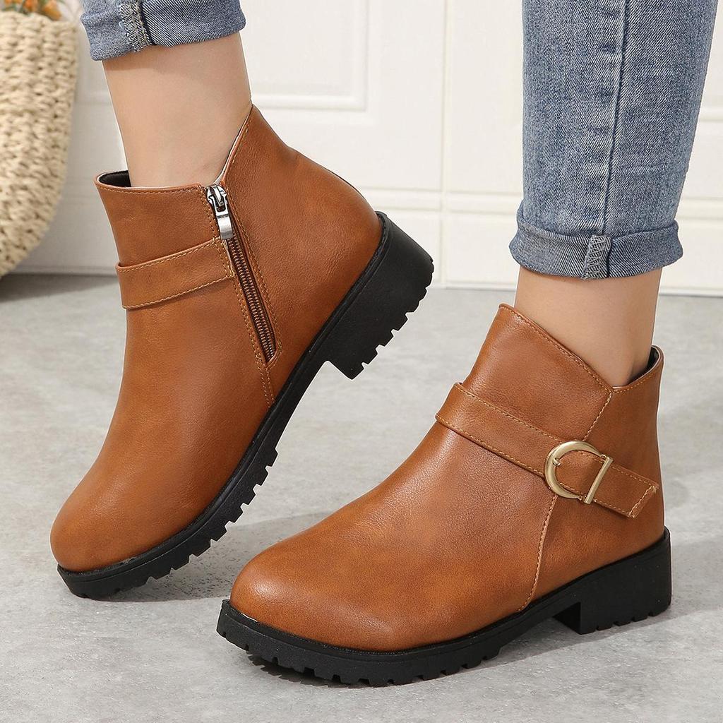 Winterstiefel aus PU-Leder mit kurzen Röhren für Damen, grenzüberschreitend, große Größe, runder Kopf, seitlicher Reißverschluss, dicker Absatz, Stiefel 35-42