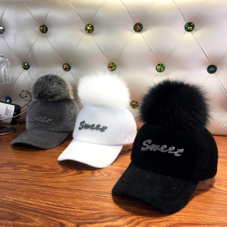 Toamnă și Iarnă Pălărie Caldă Femei Pălărie de Baseball cu Puf Fals, Litere cu Strasuri, Cal de Mare, Pălărie de Păr