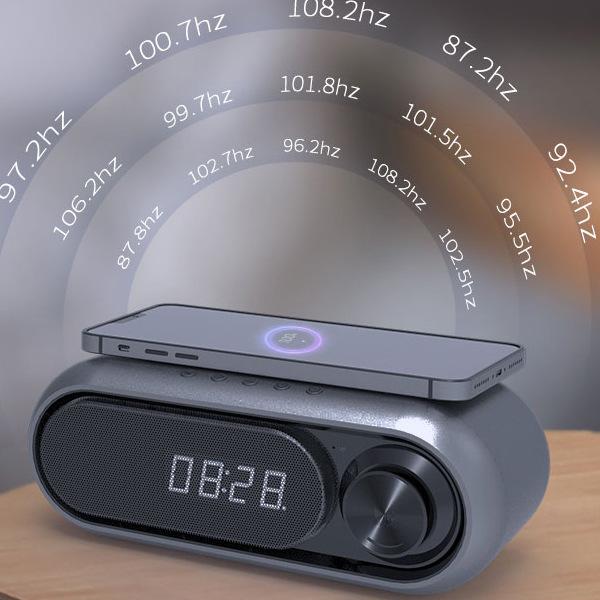 Bluetooth Speaker with Wireless Charger, LED Clock Alarm, Deep Bass, Portable – Multi-Functional Audio & Charging Station