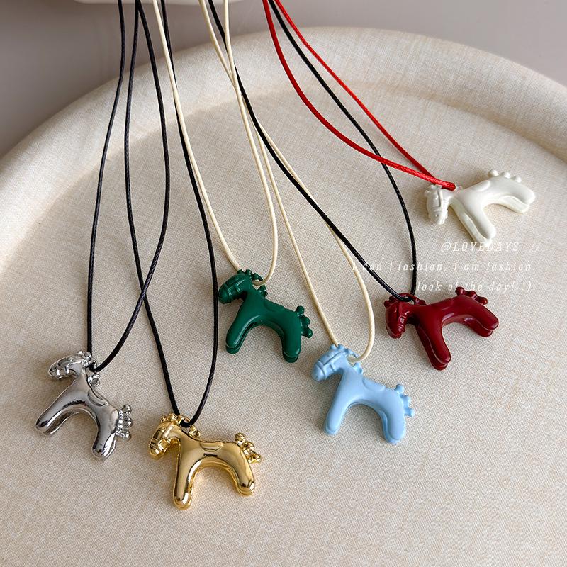 Colorful Enamel Drip Glaze 3D Horse Pendant Necklace - Cute Summer Childlike Choker with Casual Knotting Hoodie Chain