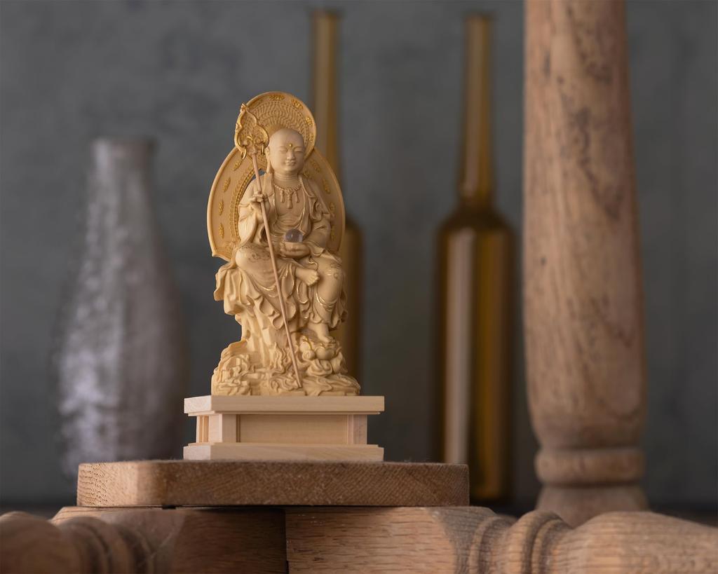 Kleine Buddha Jizo Bodhisattva Statue 11cm Buddha Holzornament Jizo Bodhisattva Halb sitzend (Holz Buchsbaum, Goldstaub-Finish) - Statue, Figur,