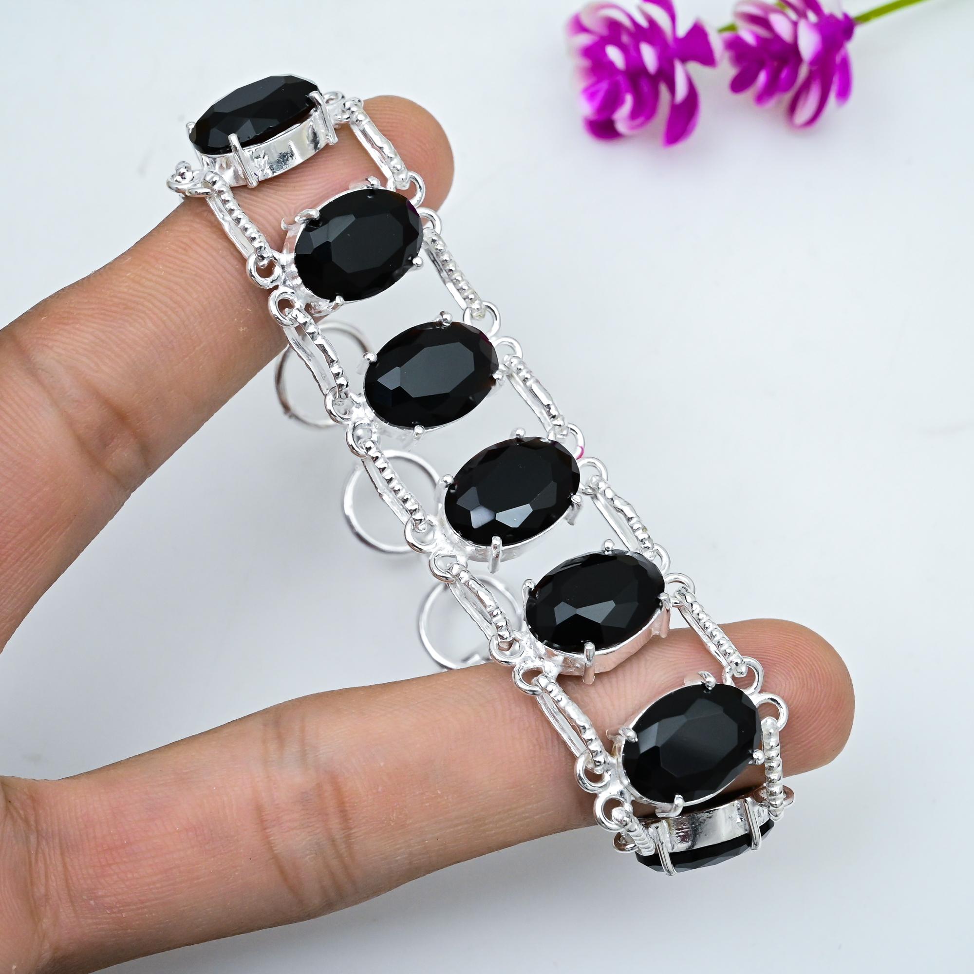 

Черный браслет из шпинели, браслет из стерлингового серебра 925 пробы, ювелирные изделия ручной работы с драгоценными камнями, подарки для жены, совершенно новый браслет 8 Inches чёрный