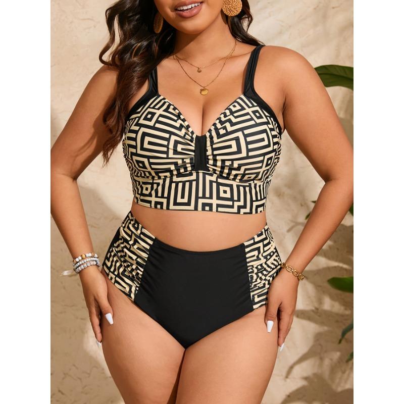 Plus Size Geometric Print V Neck High Waist 2 Piece Set Bikini Swimsuits, Women's Swimwear & Clothing