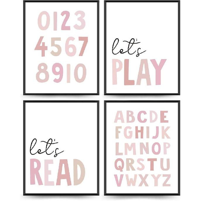 PLKMN Let s Play Read Wall Art Prints Decor Set of 4 - Play Room Essentials, Boho Neutral Let s Learn Let s Create розовый