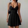 Mini Abito Sexy da Donna con Spalline Sottili Scollo a V Vita Arricciata Orlo Spaccato Linea ad A Colore Unito Estate Festa Serale Club Night Out Abito