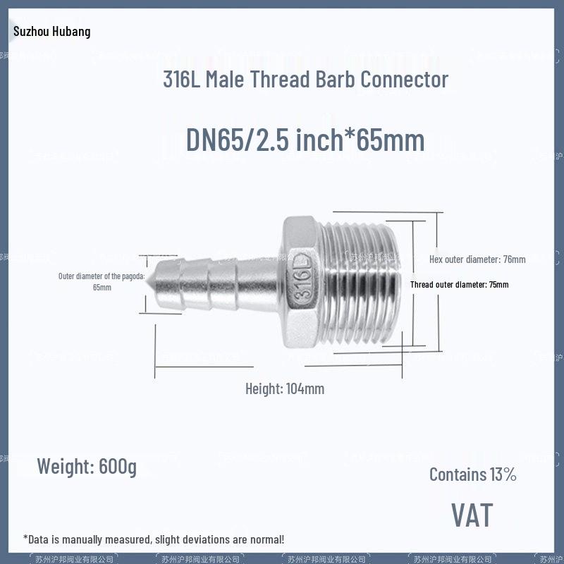 1" Hexagonal Barb Connector, 304 Stainless Steel for Water Pipe Hose, 316 Male Thread Plug