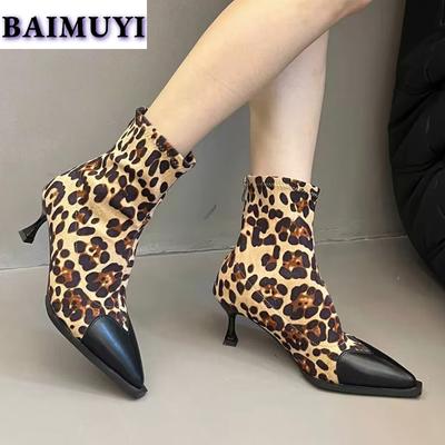 High Heels Women Leopard Snow Ankle Boots Pointed Toe Shoes 2025 Trend Winter New Zip Prom Chelsea Sock Boots Pumps Mujer Botas