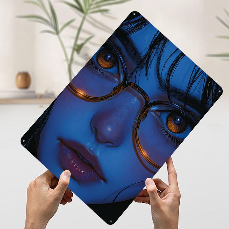 Anime Girl With Glasses Metal Poster Custom Wall Art Retro Vintage Tinplate Signs for Man Cave Modern Home Decoration Ornaments