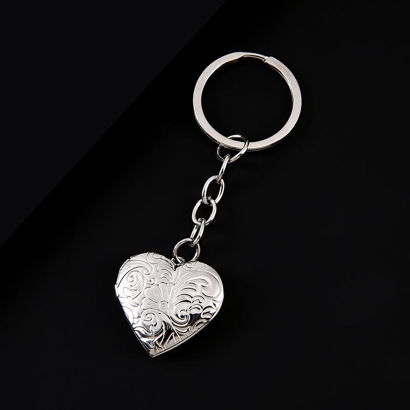 Heart-Shaped Metal Keychain with Cross Pattern and Photo Frame, Stainless Steel, DIY Mirror Finish