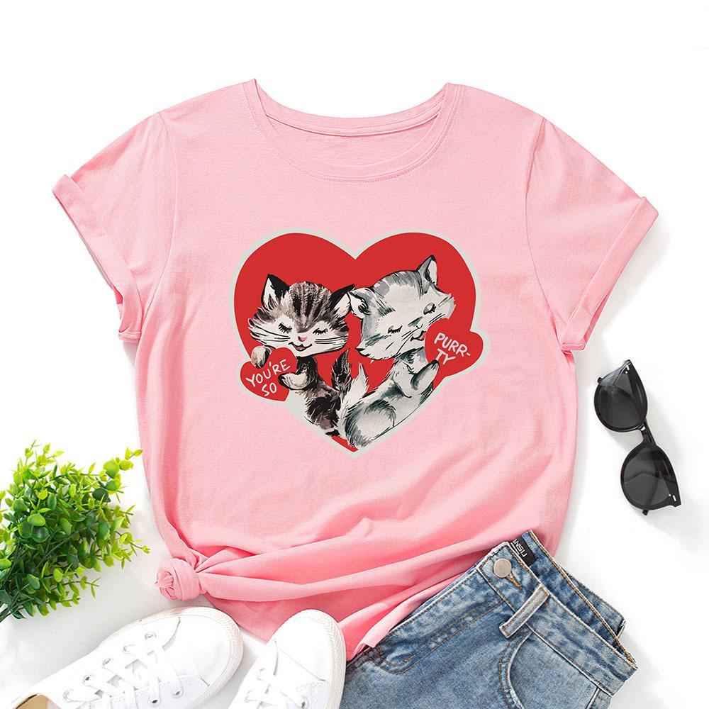 

Summer Round Neck Cat Heart Printed Top Fashionable Casual Pure Cotton Short Sleeved Women s T-shirts 3XL