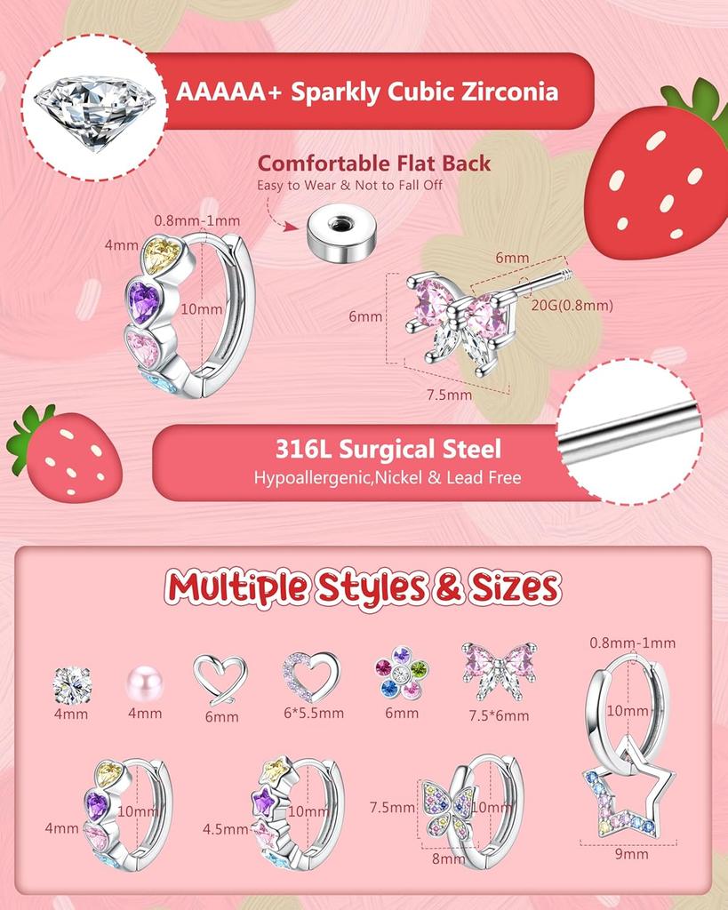 1 Pair Hypoallergenic Screw Back Stud Earrings For Women Surgical Steel Hoop Butterfly Star Dangle Earrings Set 20G