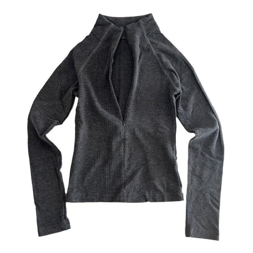 Dámské přiléhavé elastické tričko svetr s dlouhým rukávem se stojáčkem a skrytým zipem