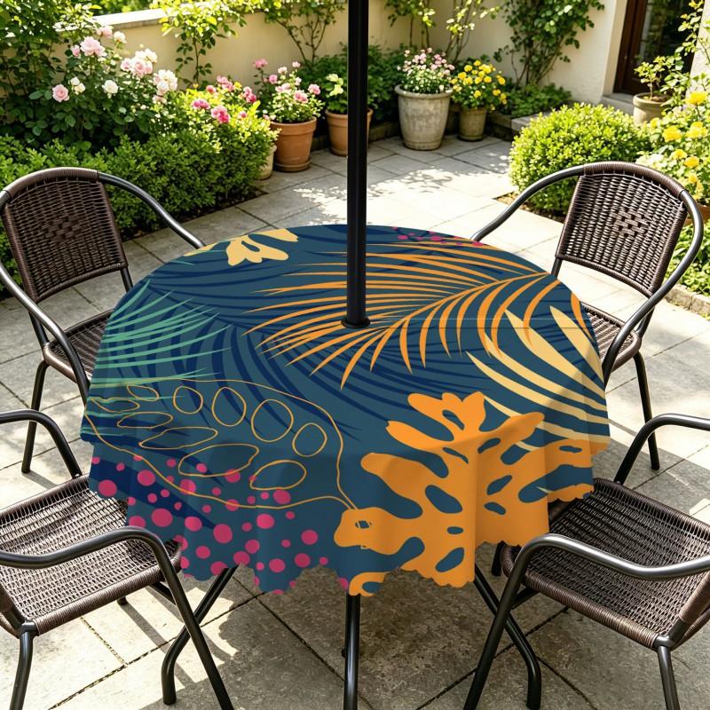 Outdoor Round Tablecloth With Umbrella Hole Waterproof Oil Resistant Floral Leaf Patio Garden Deck