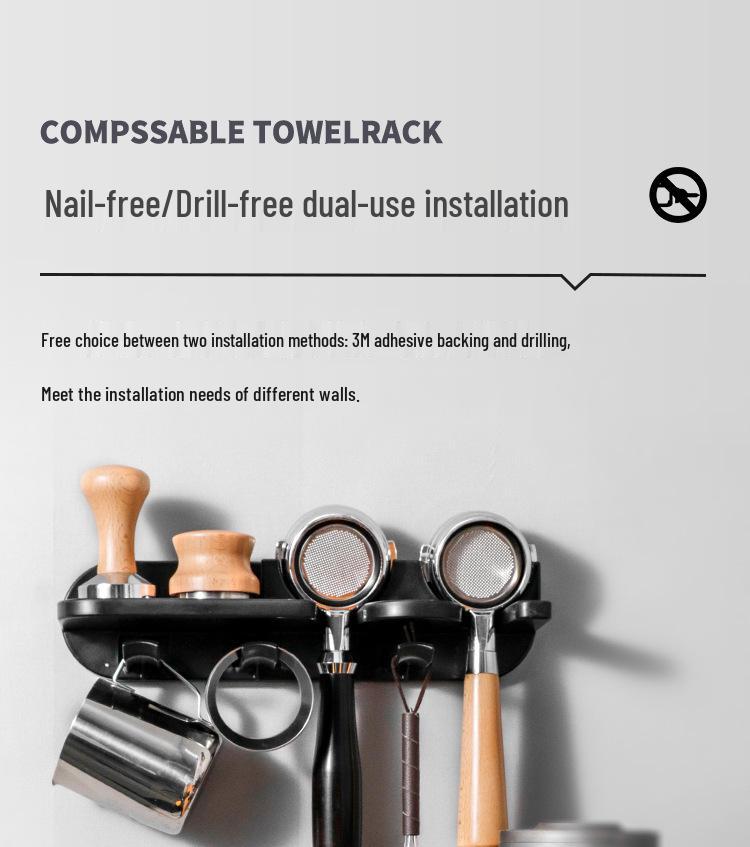 Wall-Mounted Coffee Accessory Organizer with Tamper Holder & Hammer Bar