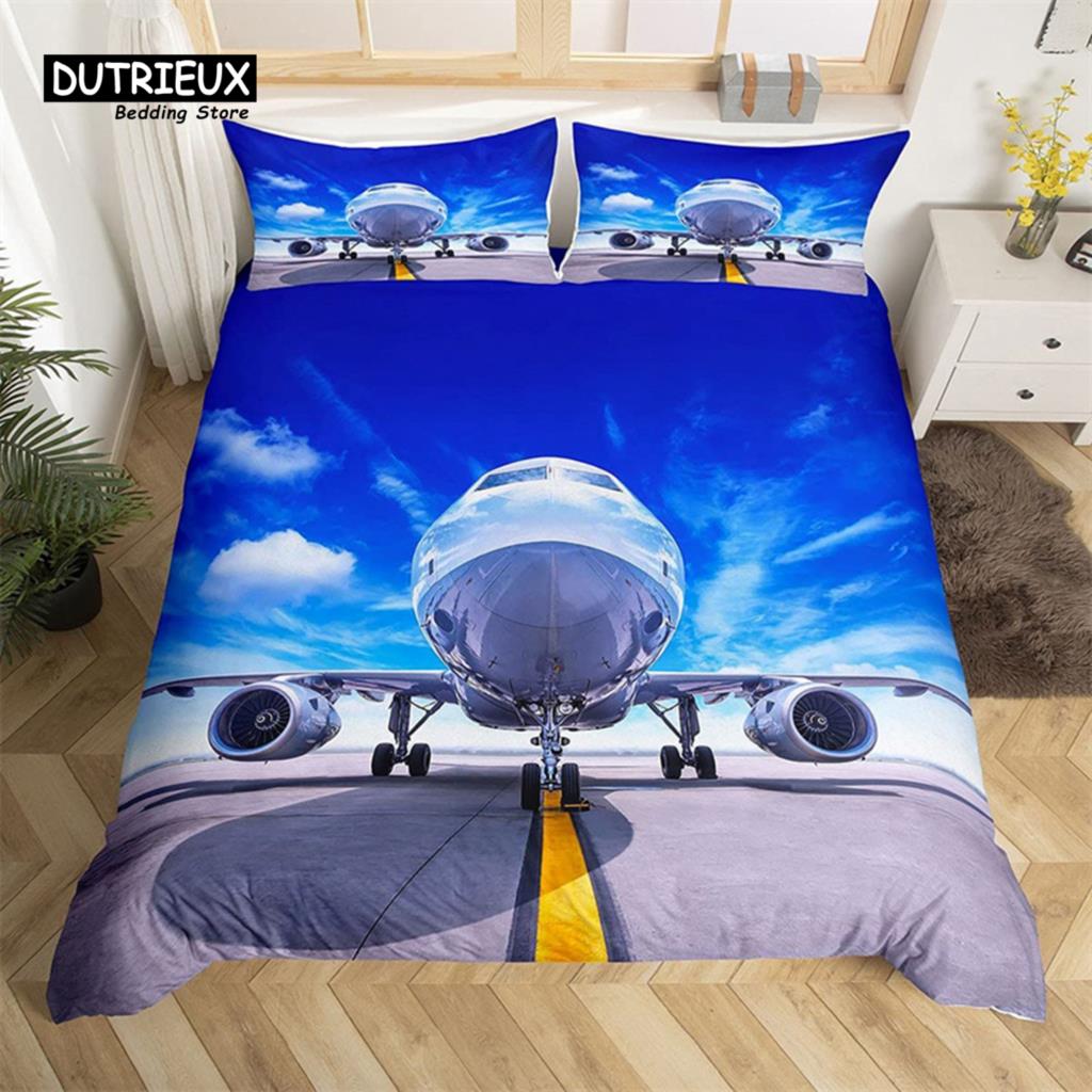 Classic Modern King 3D Airplane Aircraft Transportation Polyester Globe Helicopter Decor Comforter Quilt
