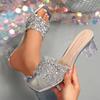 Shiny Sequin High Heels Sandals for Women Plus Size Gold Silver Square Toe Slippers Woman Transparent Strange Heeled Party Shoes