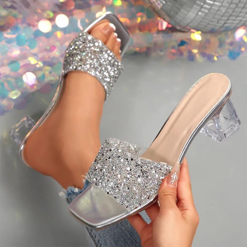 Fashion Shiny Sequin High Heels Sandals for Women Plus Size Gold Silver Square Toe Slippers Woman Transparent Strange Heeled Party Shoes