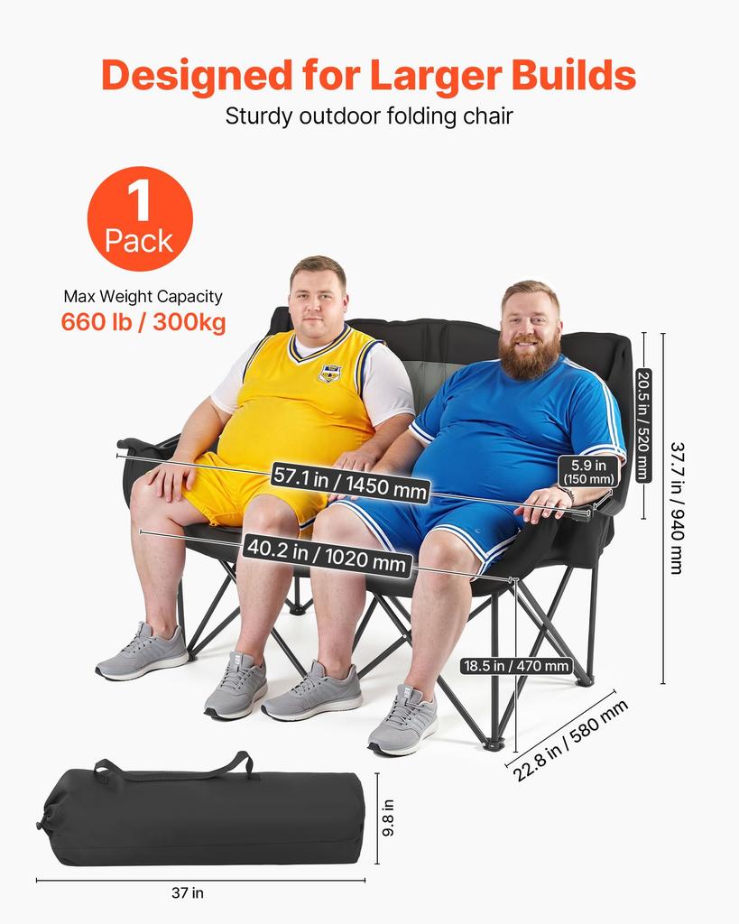 VEVOR Double Camping Chair, Oversized Two Person Camp Chair with 660 Lbs Heavy Duty Support, with Dual Cup Holders, Wine Glass Holders