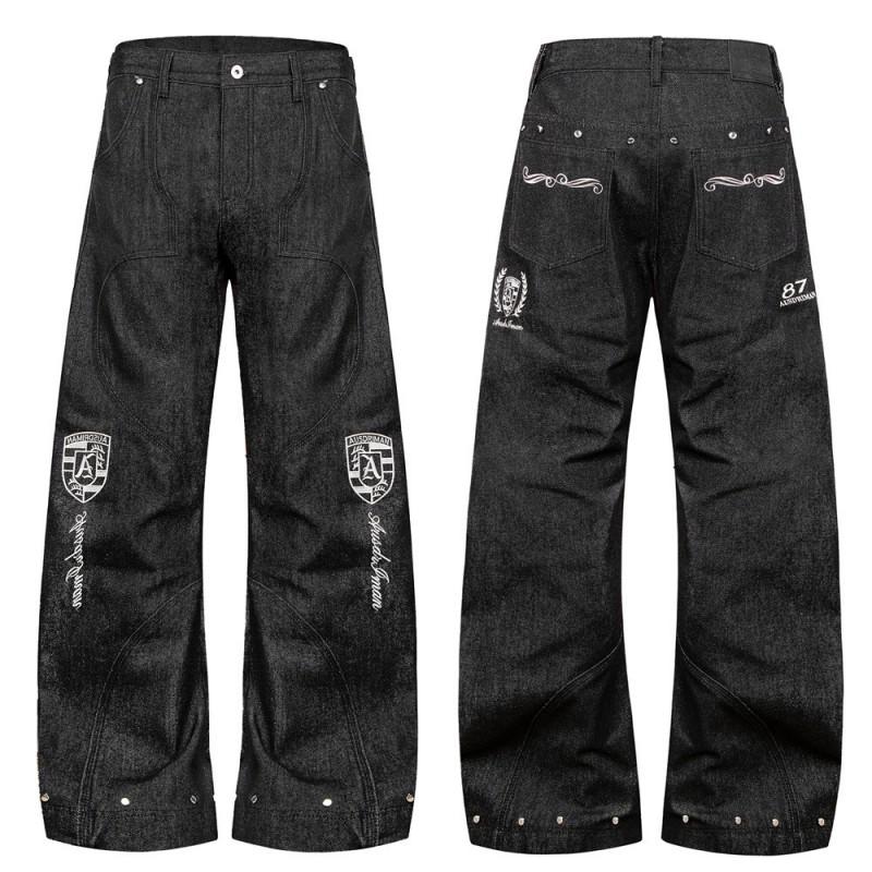 Mens Loose Fit Curved Jeans Streetwear Embroidered Rivet Denim Pants Casual Trousers
