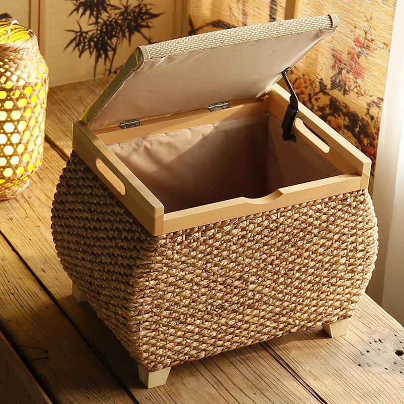 Nordic Rattan Storage Stool, Bench with Storage for Entryway, Footrest Ottoman for Living Room Bedroom, Multi-Functional Seating