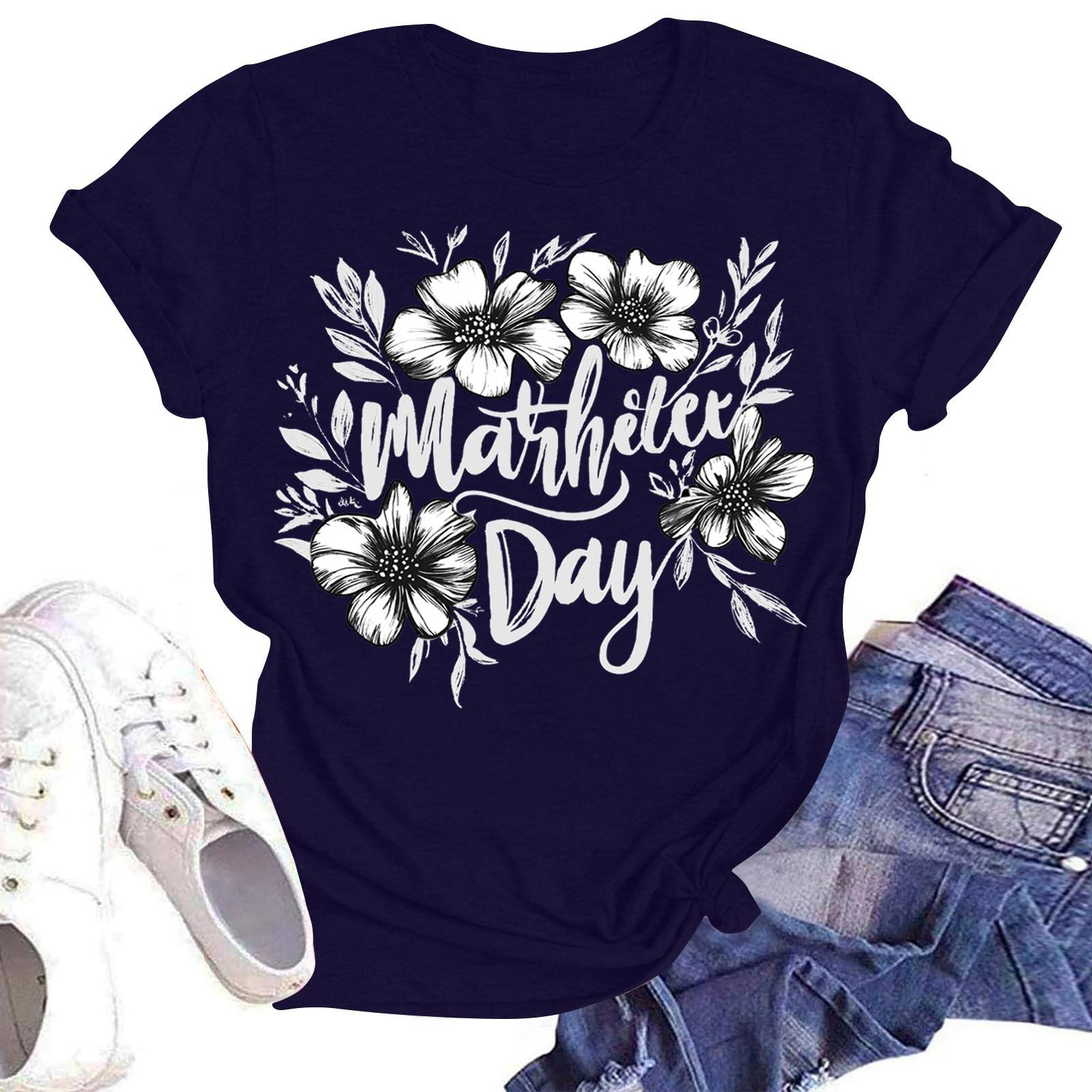 

Женская повседневная модная уличная футболка с коротким рукавом и принтом ко Дню матери S тёмно-синий