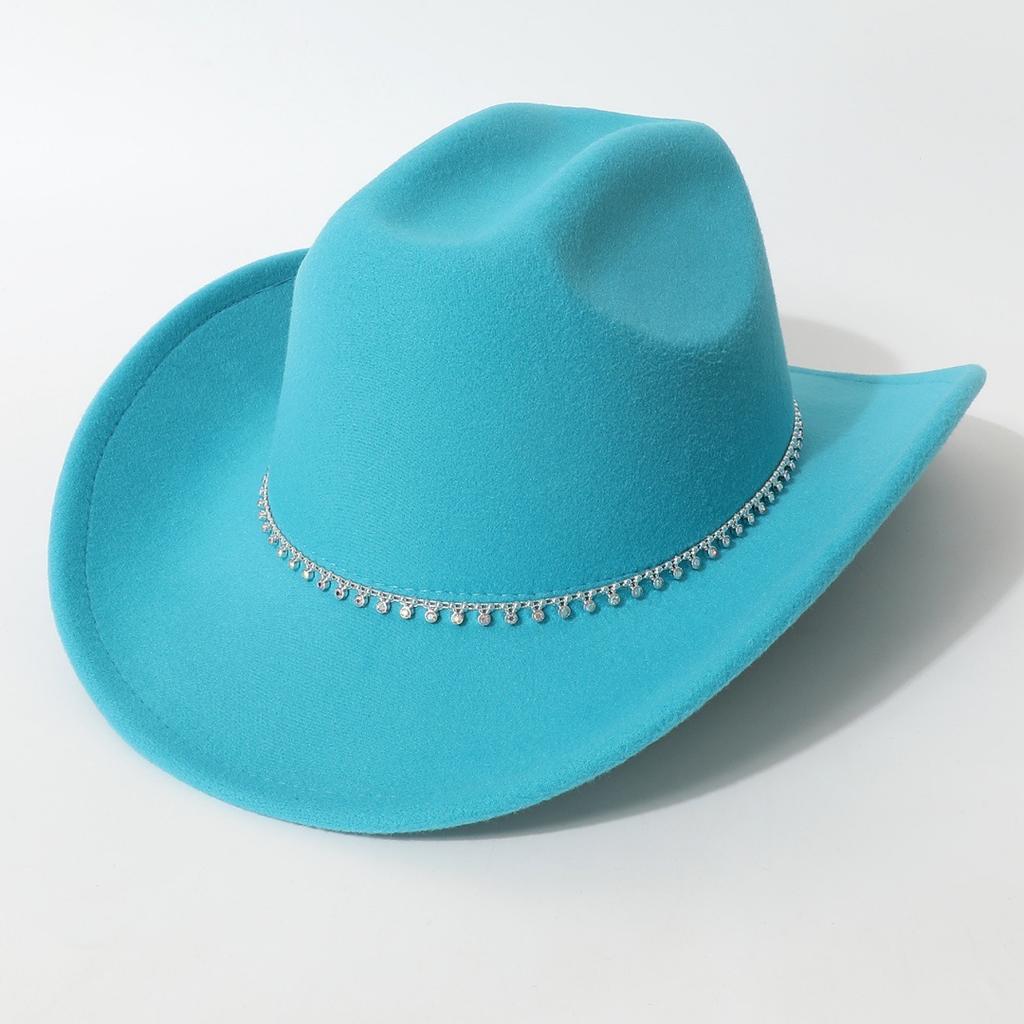 New European and American style flat-top woolen hat, western cowboy hat, unisex hat, equestrian hat with single row of rhinestones