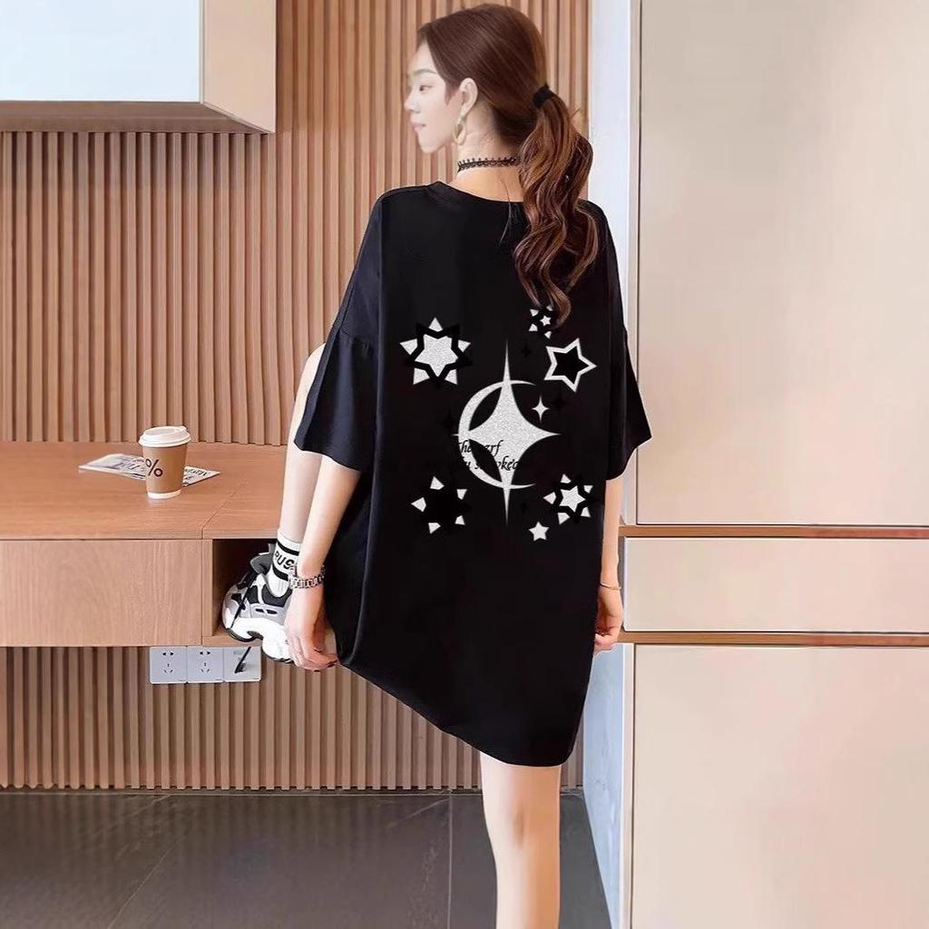 Damen 2025 Sternenprint Weiß Kurzarm Locker Mittellang T-Shirt - Frühling/Sommer Trend