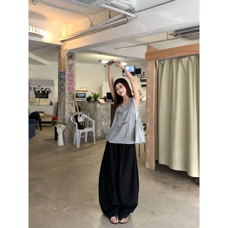Kumikumi Idle Style Gray Printing Vest Camisole Women's Summer Loose Slim Looking Casual Pants Pants Two-piece Set