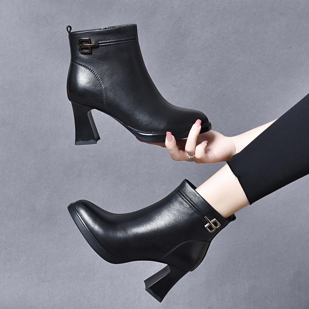 Кожаные сапоги женские новые остроносые водонепроницаемые на толстом каблуке на высоком каблуке модные сапоги из коровьей кожи верхнего слоя хлопковые сапоги 34 12359₽