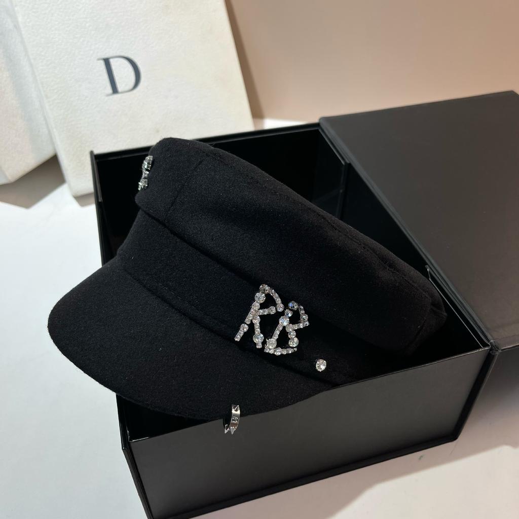 Diamond-encrusted Letter RB Wool Newsboy Hat European and American Versatile Black Woolen Navy Hat Fashionable Personalized Rivet Cap