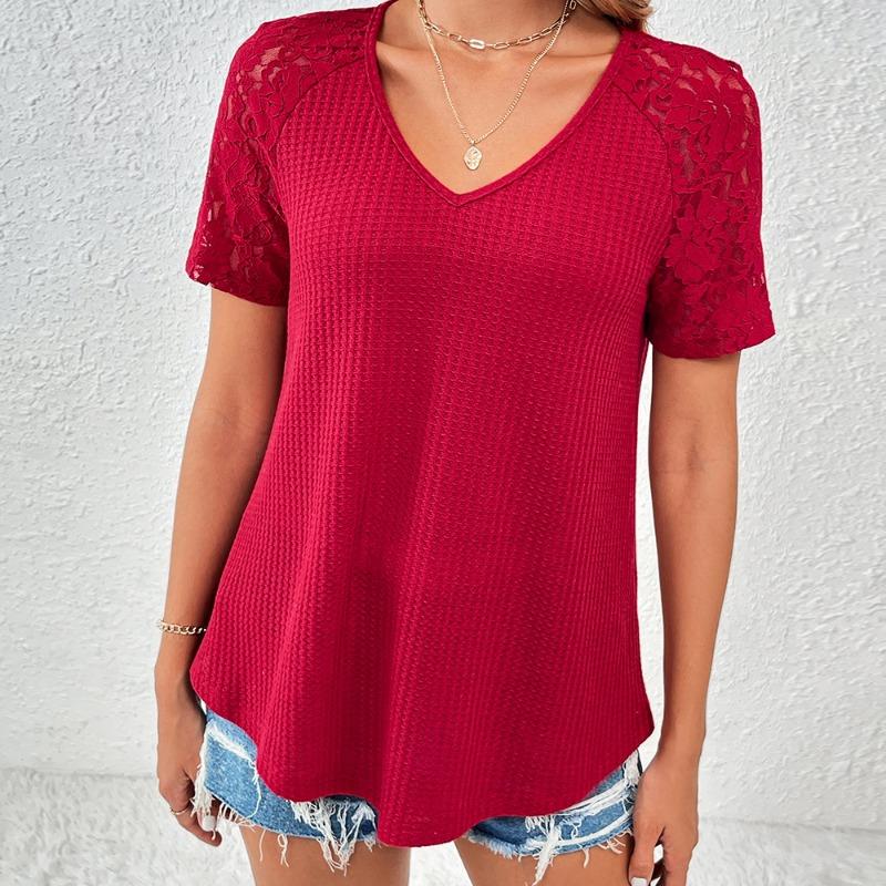 Summer Short Sleeve Hollow Lace V-neck Women Blouse Loose Casual T-shirt Short Sleeved Office Top Loose Fashion Elegant Solid Color Shirt Clothing
