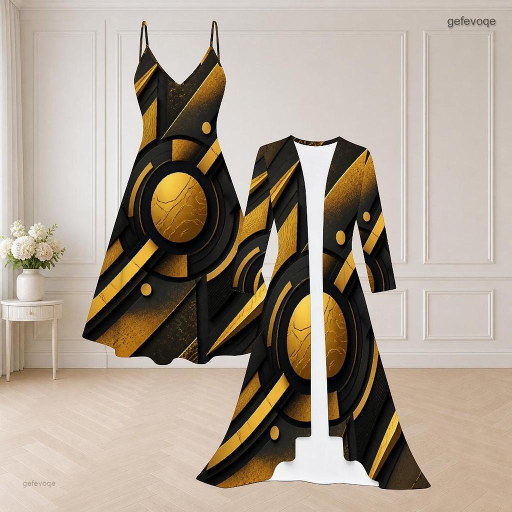 Women Plus Size Black Gold Printed Two Piece Set Long Sleeve Open Front Cardigan Strappy V Neck Flared Dress