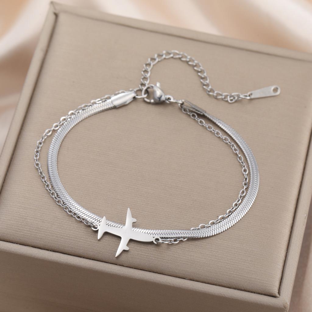 Lucktune Fashion Airplane Pendant Snake Chain Bracelets Woman Stainless Steel Jewelry Women's Hand Bracelets Party Birthday Gift