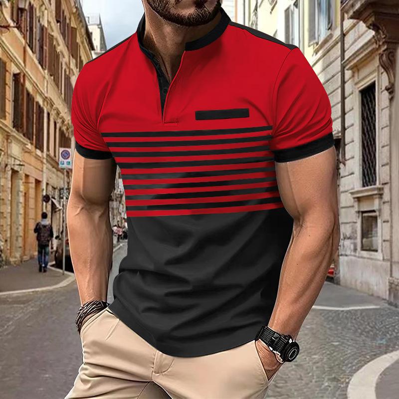 New Contrast-Striped Short-Sleeved Men's Casual Polo Shirt V-Neck Button-Front Top Men's Henley Shirt