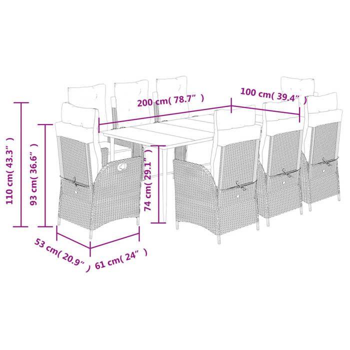 VidaXL Ensemble à Manger de Jardin avec Coussins 9 pcs, Table et Chaises avec Dossier et Repose-pied Réglables 3213440