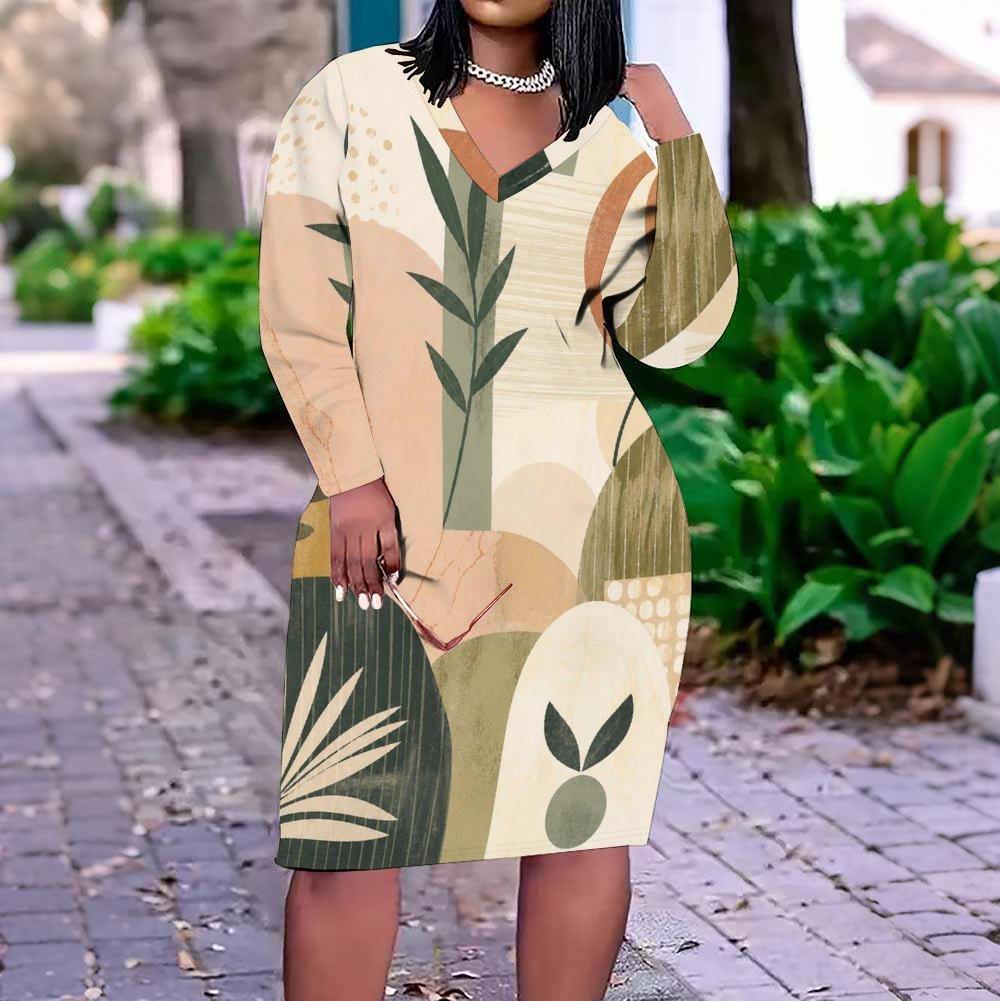 Women Plus Size V Neck Long Sleeve Blue Beige Printed Fitted Dress