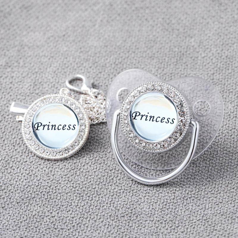 

Роскошные зажимы для соски для новорожденных, блестящие серебряные персонализированные зажимы для соски, силиконовые прорезыватели принцессы для детских пустышек, держатель