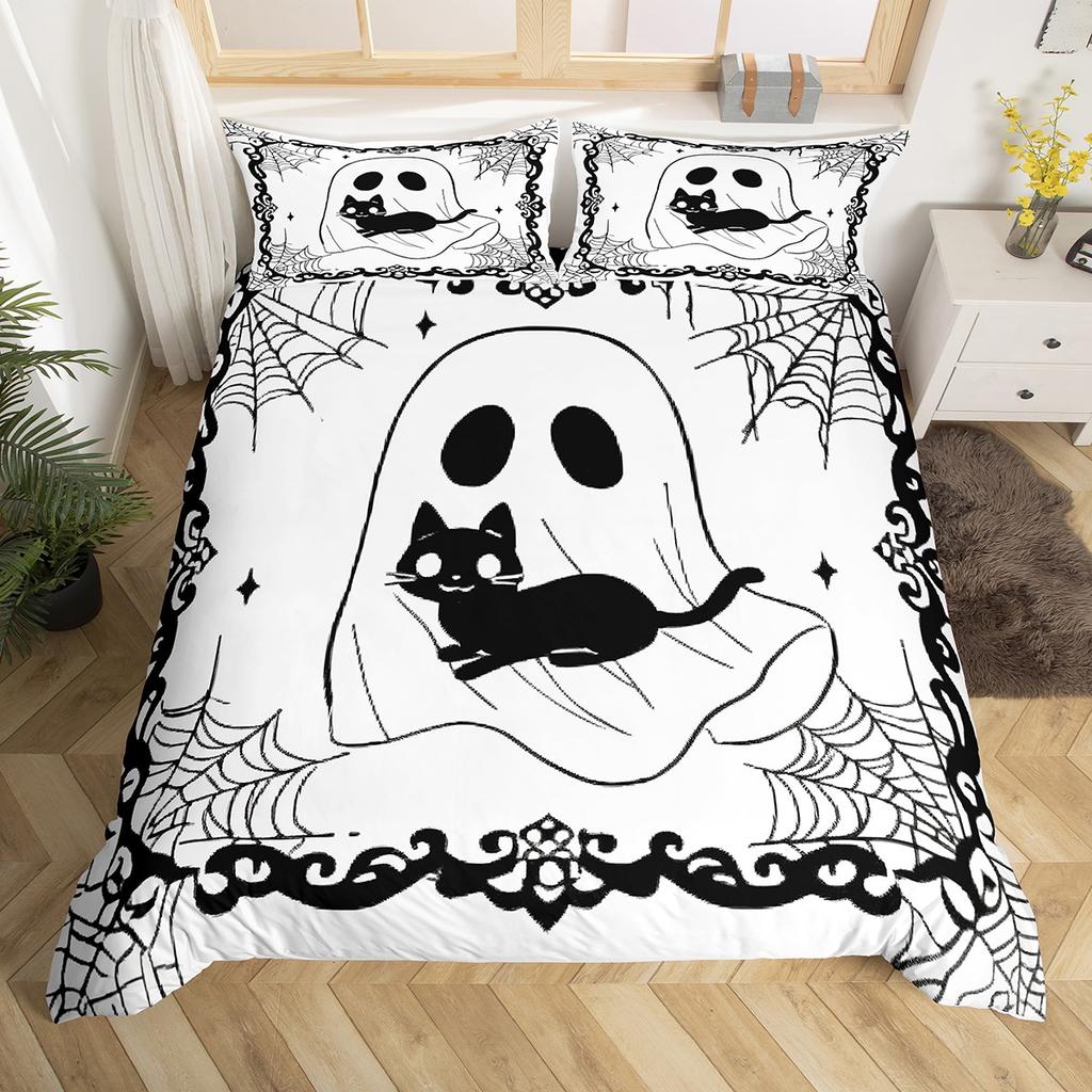 Homewish Funny Halloween Ghost Duvet Cover Set,Gothic Spider Web Bedding Set,Teens Boys Girls Kids Bed Set