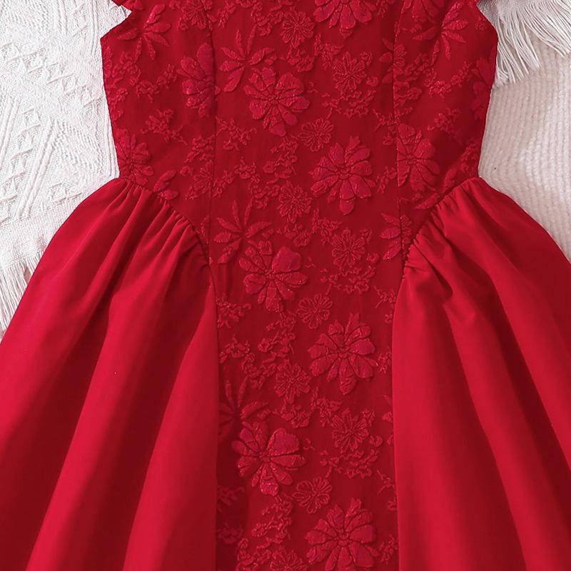 Girls' Fashionable Dress for Summer Children's Red Embroidered Plaid Waist-length Formal Princess Dress
