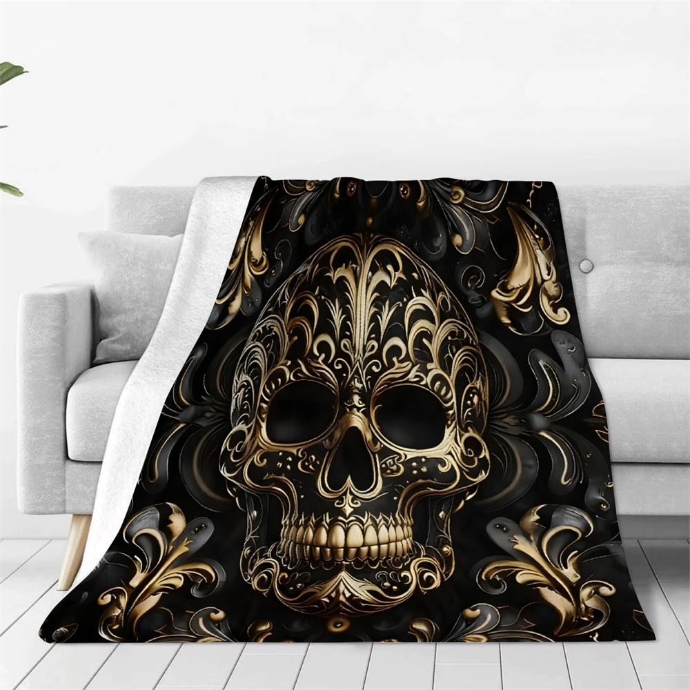 Black and Gold Skull Blanket Soft Cozy Warm Winter Flannel Throw Blanket All Seasons for Sofa Bed Room Decor
