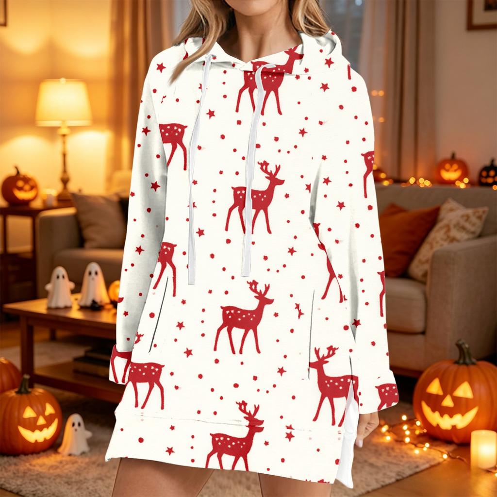 Women's Christmas Print Long Sleeve Hooded Sweatshirt with Festive Holiday Design