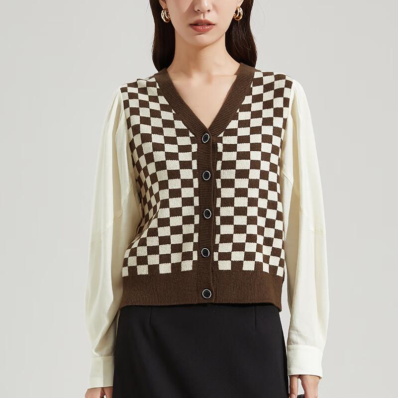 

Women s Elegant Plaid V-Neck Knit Cardigan S