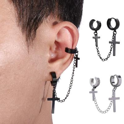 Pierced Chain Titanium Steel Cross Korean Stud Earrings Men Ear Cuff Women Ear Clip Dangle Earrings