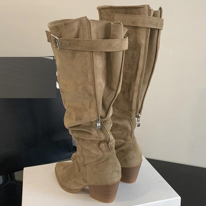 Fashion Eilyken Winter Vintage Pleated Knee High Boots Women Designer Buckle Pointed Toe Chunky Heels Zipper Botines De Mujer
