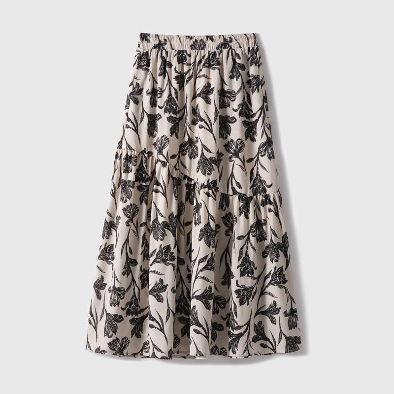 Spring 2025 A-line Printed Midi Skirt with Elastic Waist - QZE891127AL