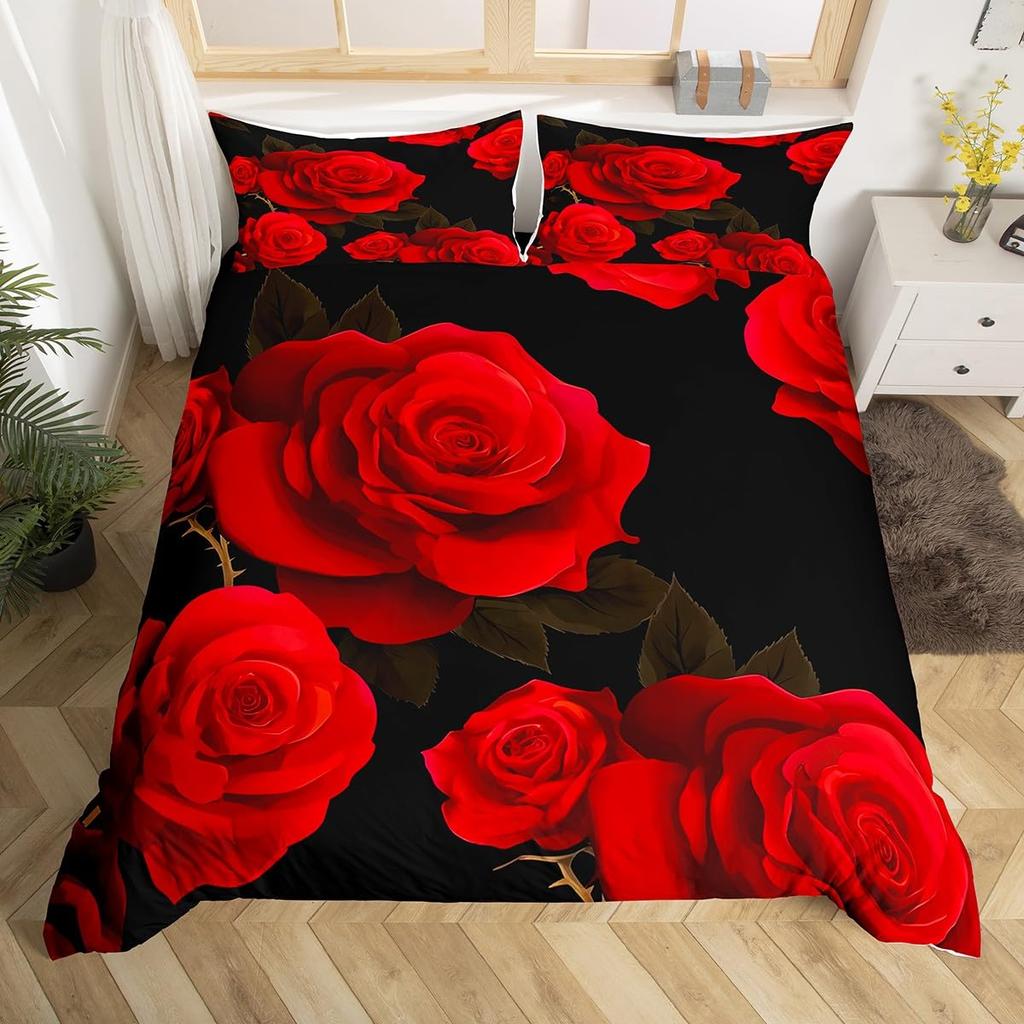 Valentine's Day Duvet Cover Queen Full Red Rose Romantic Flower Duvet Cover Heart Shaped Print Floral Black Soft Comforter Cover