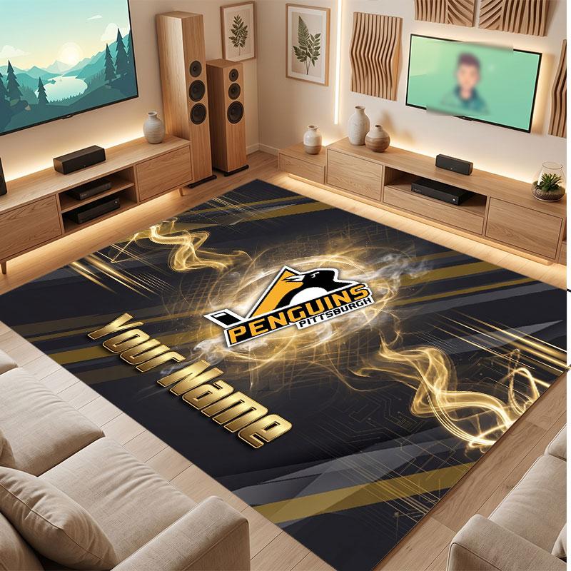 Pittsburgh Penguins Personalized Crystal Velvet Carpet, Customized Name Text Soft Anti‑Slip Rug for Living Room Bedroom