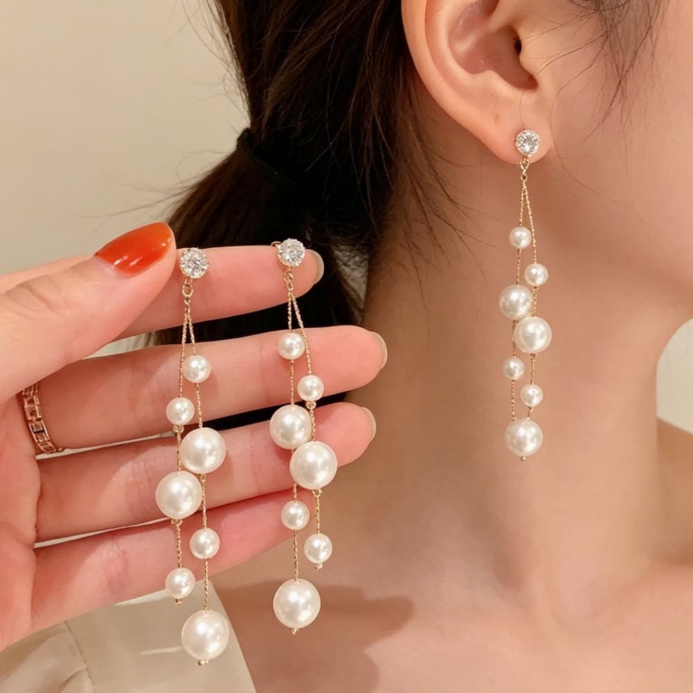 Imitation Pearl Beads Tassel Long Dangle Earrings Elegant Wedding Earrings Jewelry for Women
