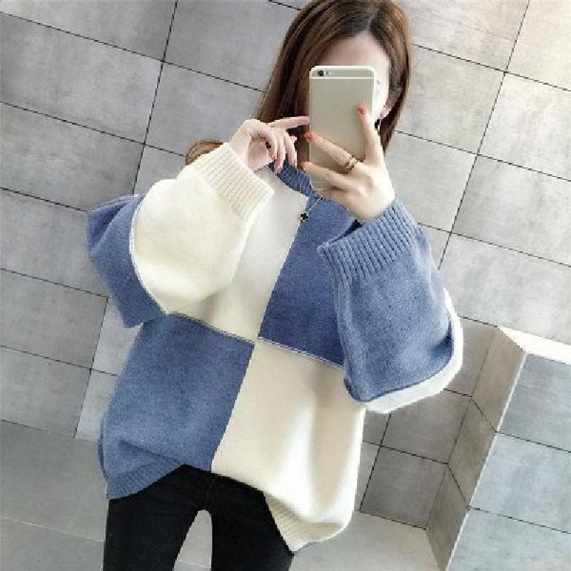 Autumn Winter Loose Pullover Sweater Top Women's Bottoming Contrast Knitted Sweaters