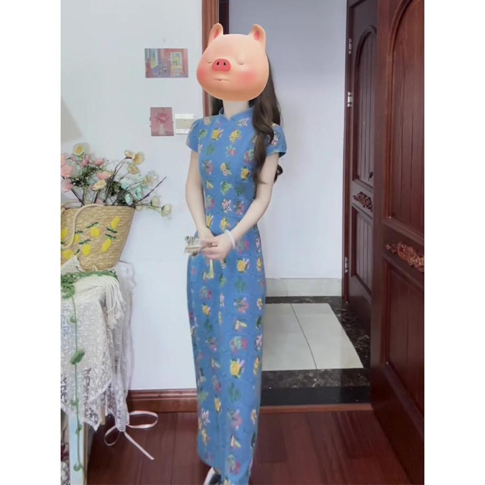 

Ретро цветочное платье летнее повседневное красота стройный темперамент улучшенный ципао юбка XL- (recommended 110-60kg)